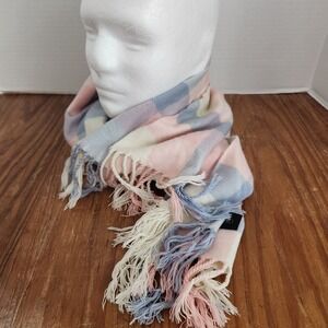 Coach Cashmere Scarf Pastel Plaid Blue Pink‎ Ivory Fringe 64x12 Quiet Luxury Vtg